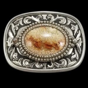 Western‎ Native American Style Oval Belt Buckle with Agate Stone Silver Tone